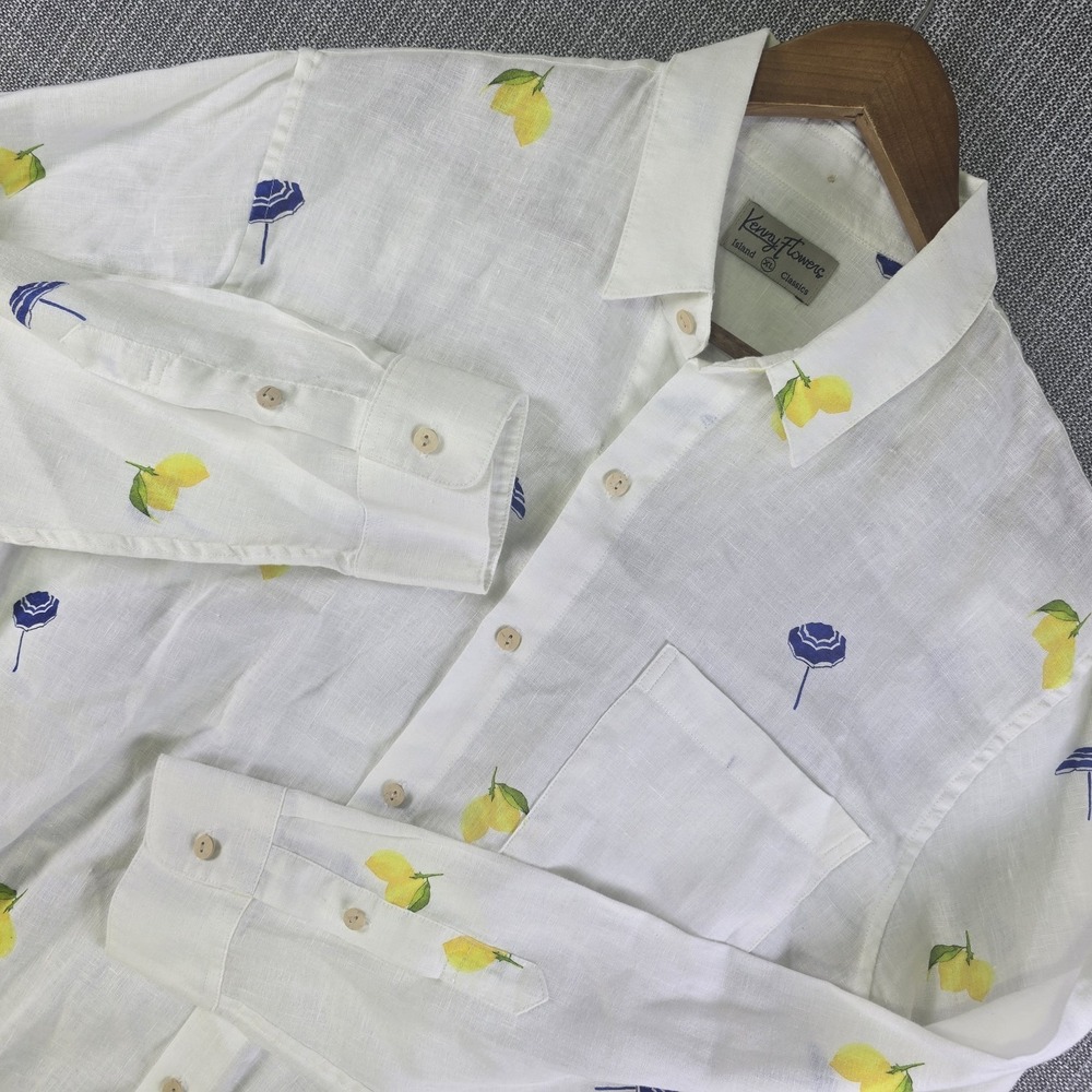 Kenny Flowers Island Classics Shirt XL White Linen Lemon Beach Umbrella Resort